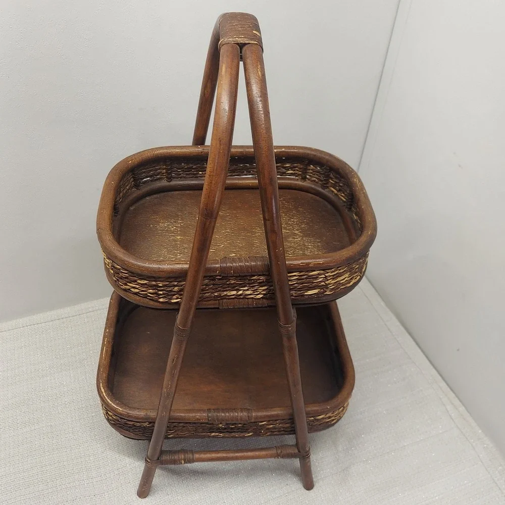 Vintage Dark Brown Bamboo Wicker Rattan 2-Tier Serving Stand MCM Boho